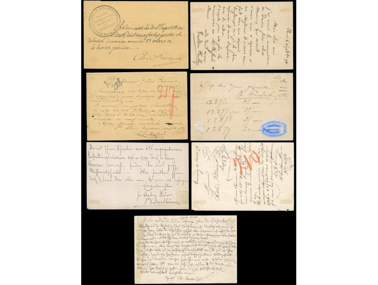 1876, six pre-printed postcards (No. 25A) bearing Ceres 15 c. and Allegorie frankings, one cancelled on backside “Association